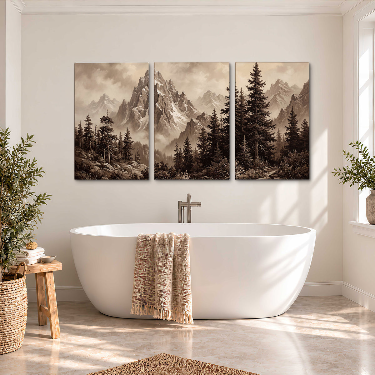 Dramatic mountain peaks framed by evergreen trees 3 piece canvas wall art styled in an interior