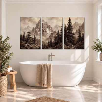 Dramatic mountain peaks framed by evergreen trees 3 piece canvas wall art styled in an interior