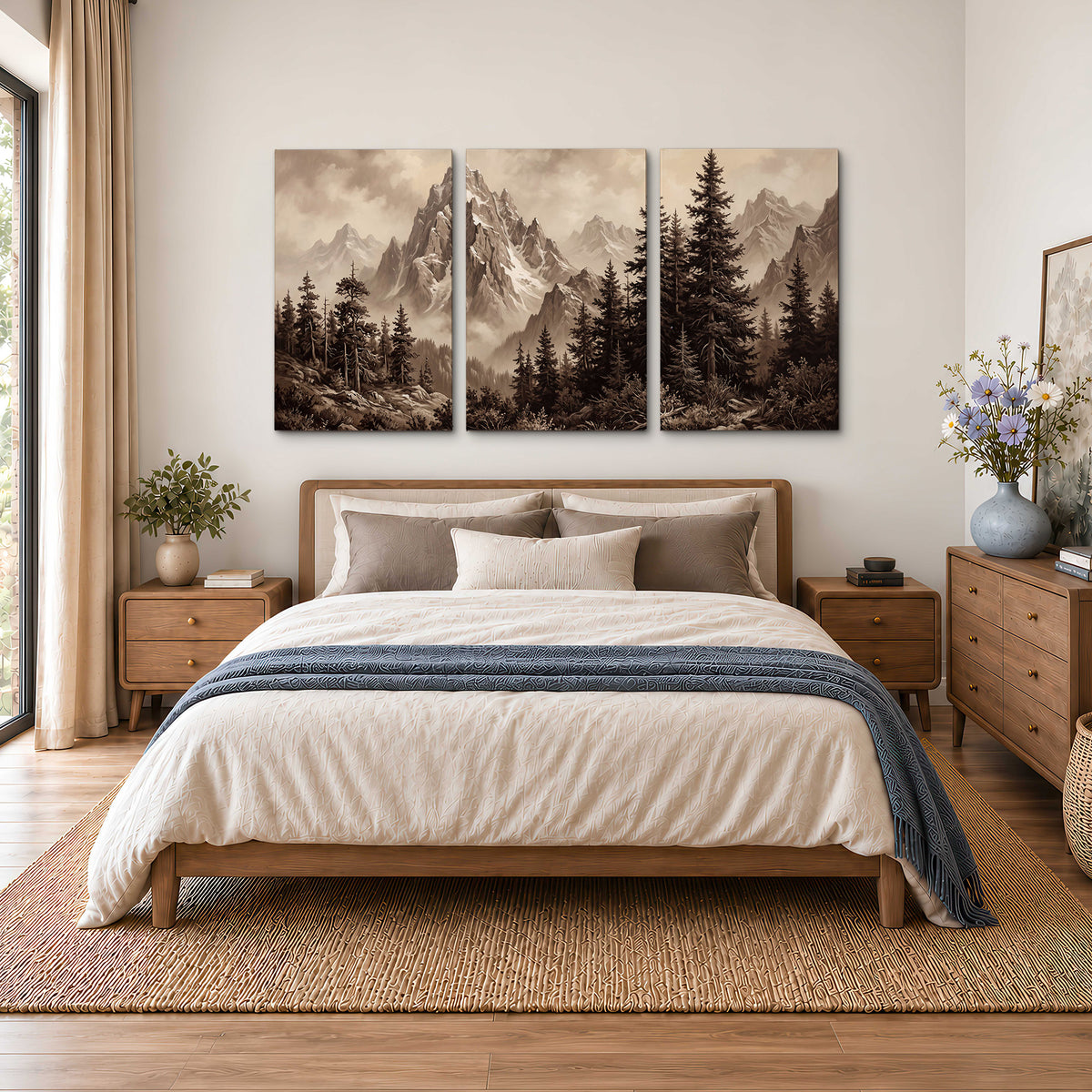 Dramatic mountain peaks framed by evergreen trees 3 piece canvas wall art styled in an interior