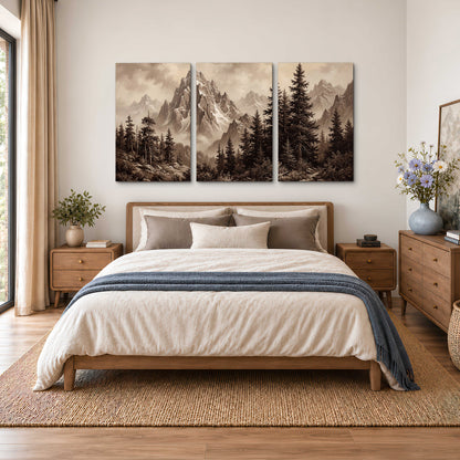 Dramatic mountain peaks framed by evergreen trees 3 piece canvas wall art styled in an interior