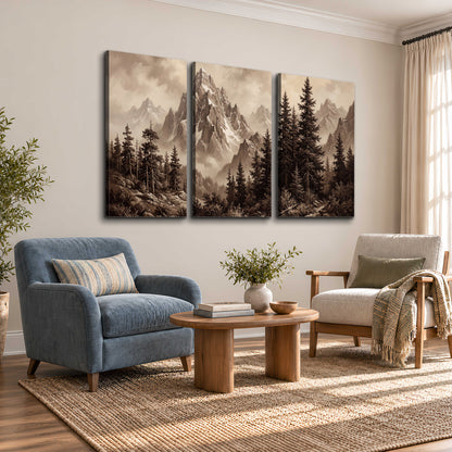 Dramatic mountain peaks framed by evergreen trees 3 piece canvas wall art styled in an interior