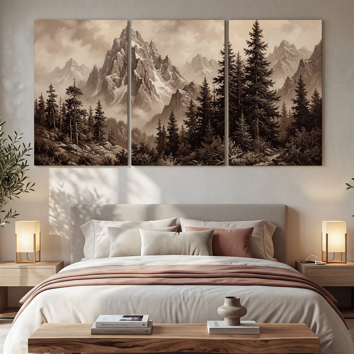 Dramatic mountain peaks framed by evergreen trees 3 piece canvas wall art displayed in a bedroom