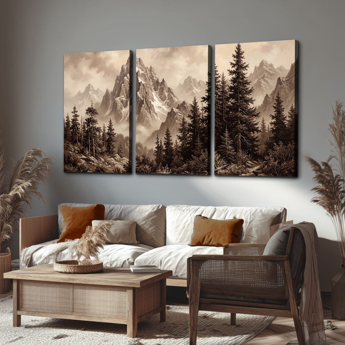 Dramatic mountain peaks framed by evergreen trees 3 piece canvas wall art displayed in a rustic living room