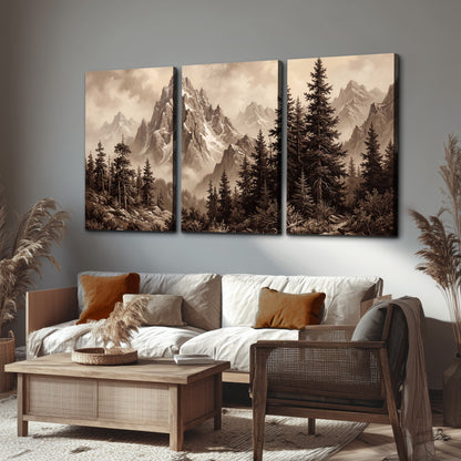 Dramatic mountain peaks framed by evergreen trees 3 piece canvas wall art displayed in a rustic living room