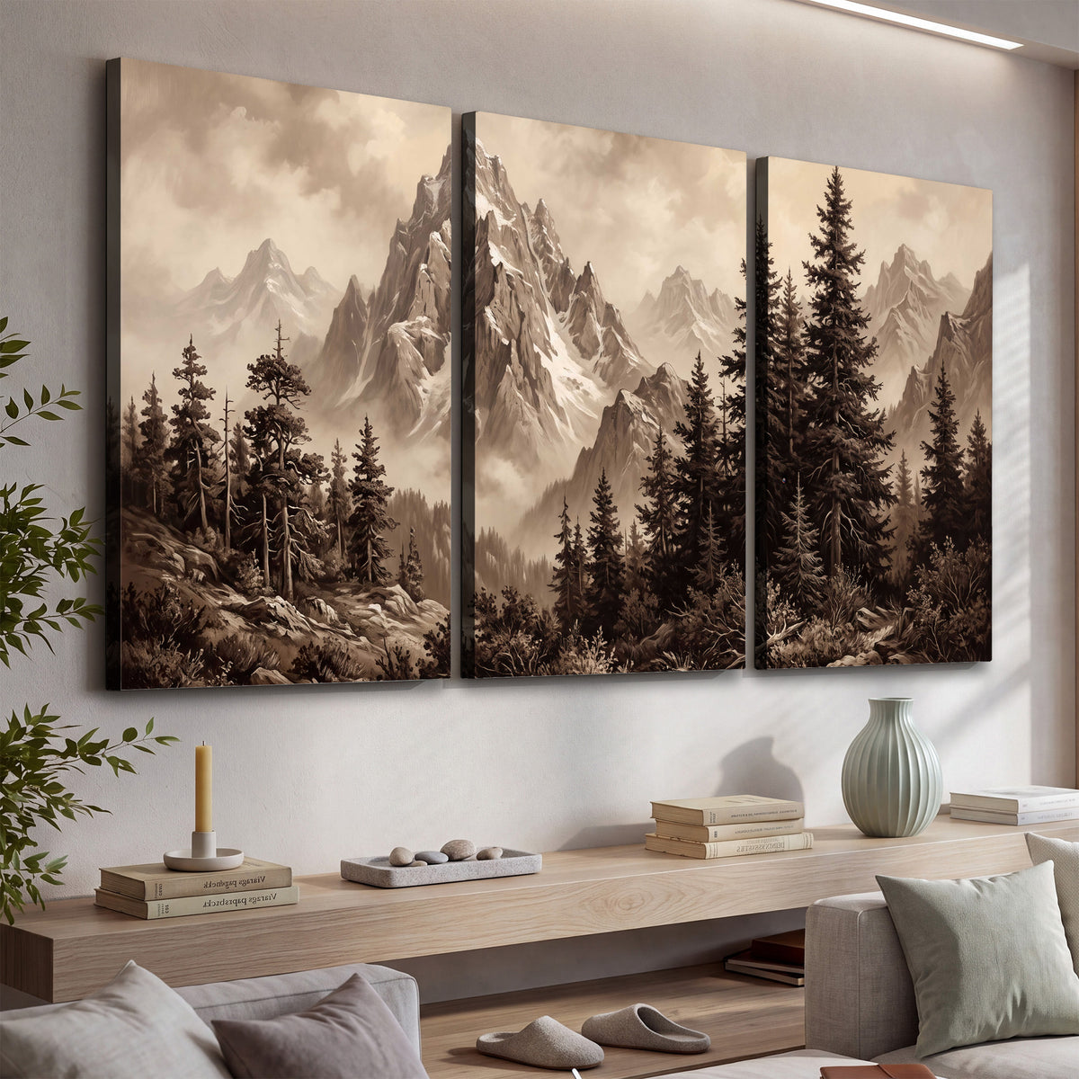 Dramatic mountain peaks framed by evergreen trees 3 piece canvas wall art displayed in a console