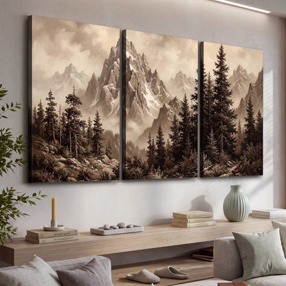 Dramatic mountain peaks framed by evergreen trees 3 piece canvas wall art displayed in a console