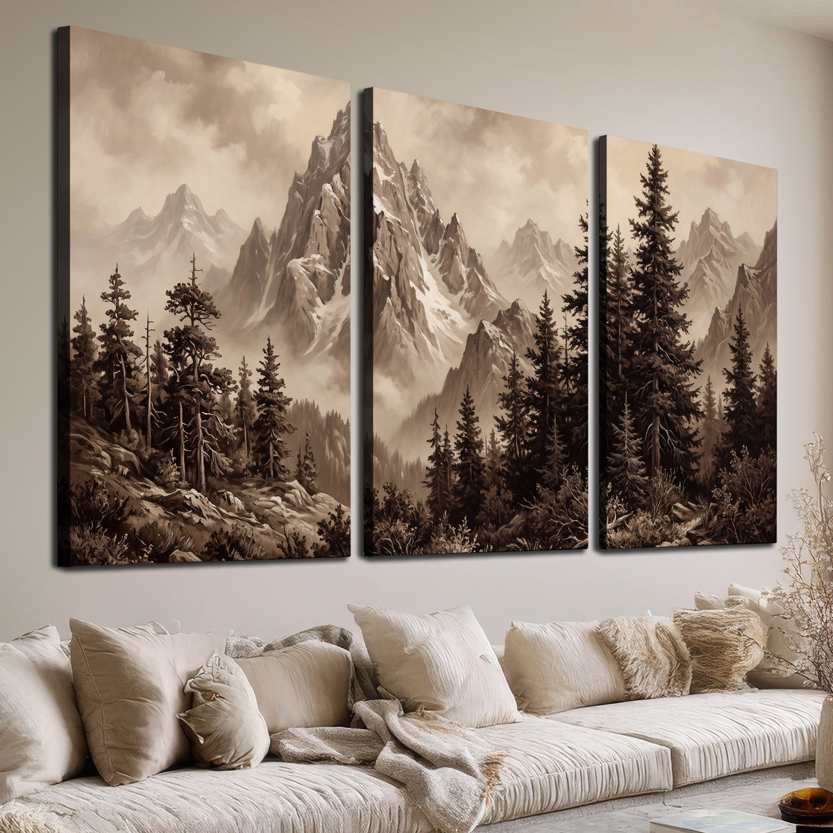 Dramatic mountain peaks framed by evergreen trees 3 piece canvas wall art room and product view