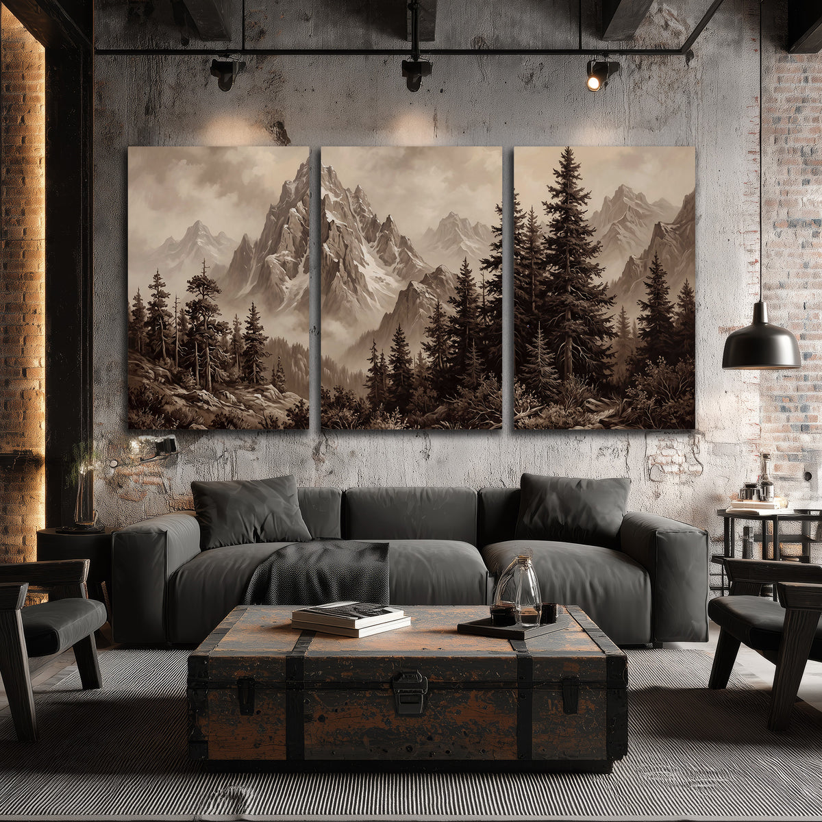 Dramatic mountain peaks framed by evergreen trees 3 piece canvas wall art displayed in a industrial room
