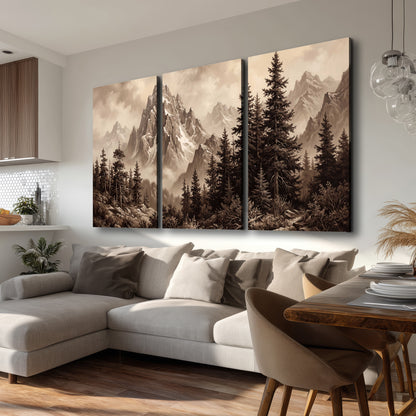 Dramatic mountain peaks framed by evergreen trees 3 piece canvas wall art room and product view