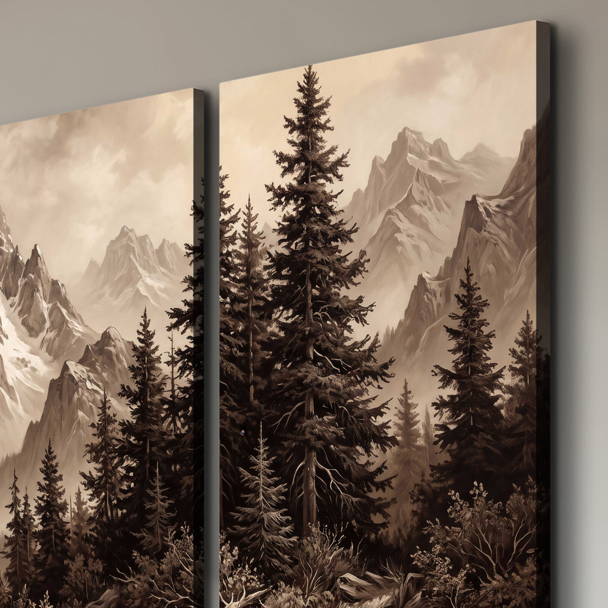 Dramatic mountain peaks framed by evergreen trees 3 piece canvas wall art room and product view