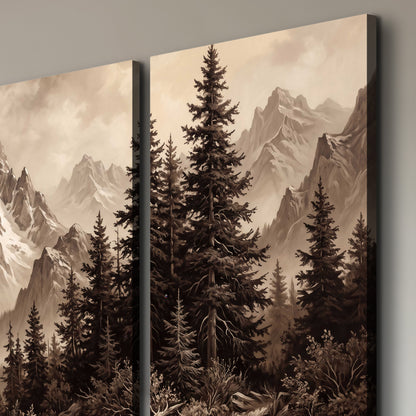 Dramatic mountain peaks framed by evergreen trees 3 piece canvas wall art room and product view