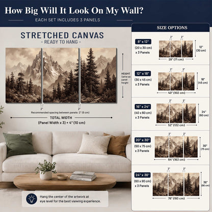 Dramatic mountain peaks framed by evergreen trees 3 piece canvas wall art size guide above a sofa; room view is illustrative
