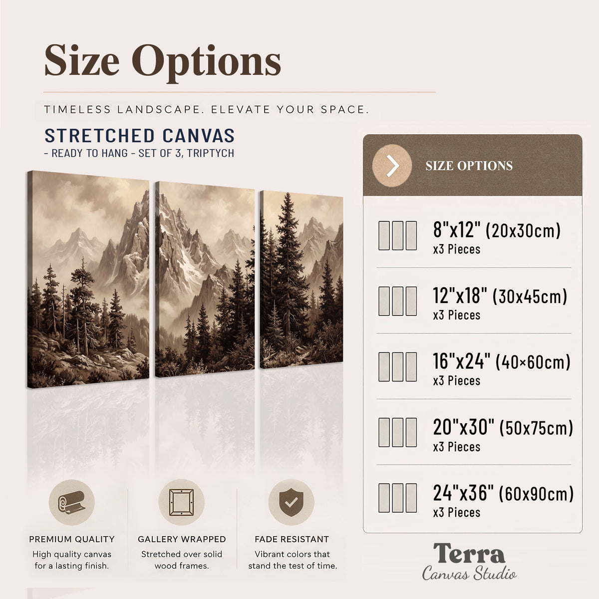 Dramatic mountain peaks framed by evergreen trees 3 piece canvas wall art available dimensions; triptych dimensions are per panel