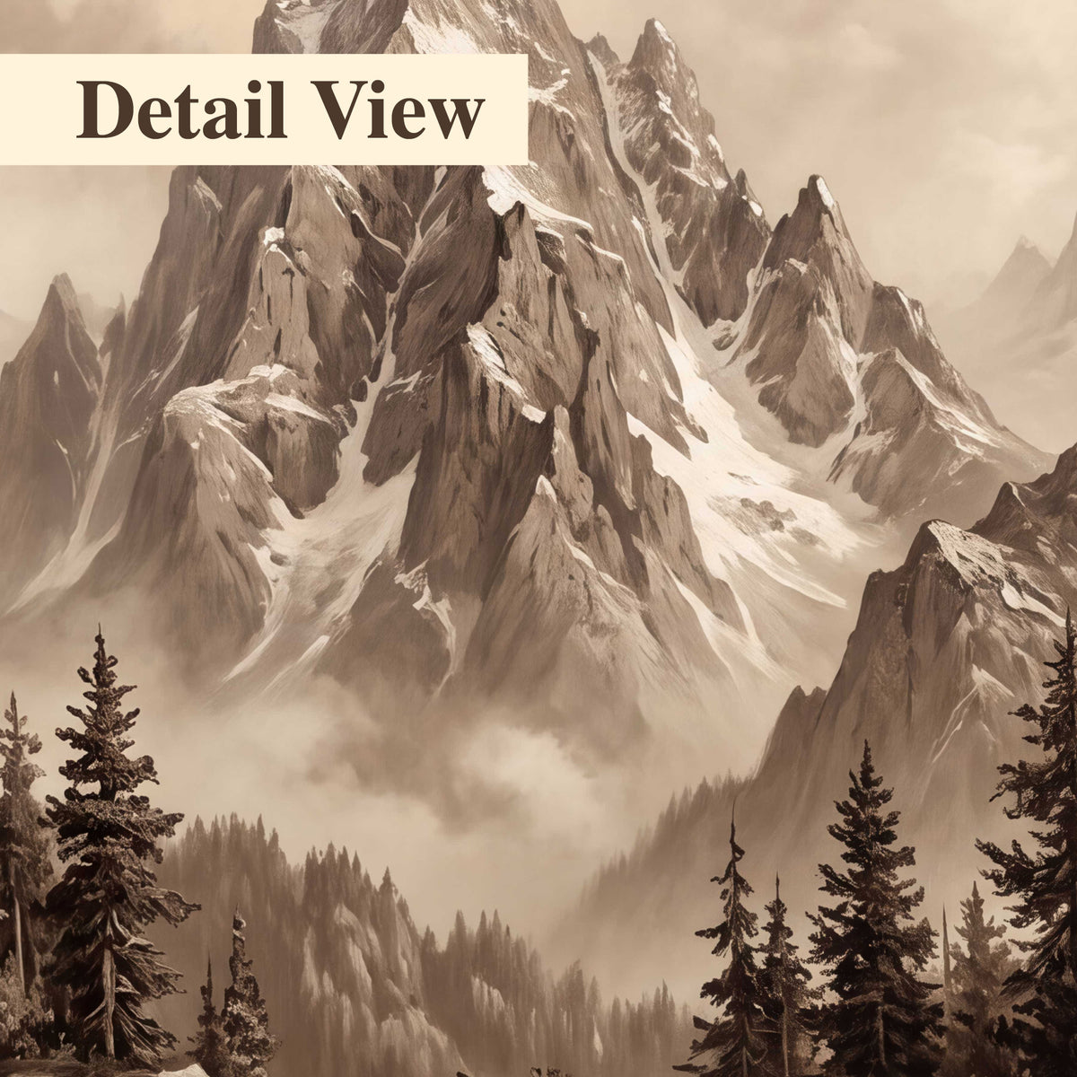 Dramatic mountain peaks framed by evergreen trees 3 piece canvas wall art artwork detail close up
