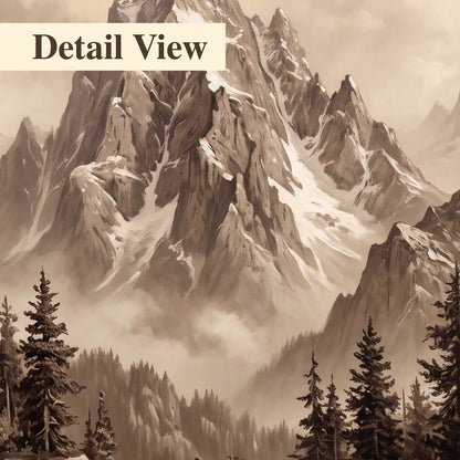 Dramatic mountain peaks framed by evergreen trees 3 piece canvas wall art artwork detail close up