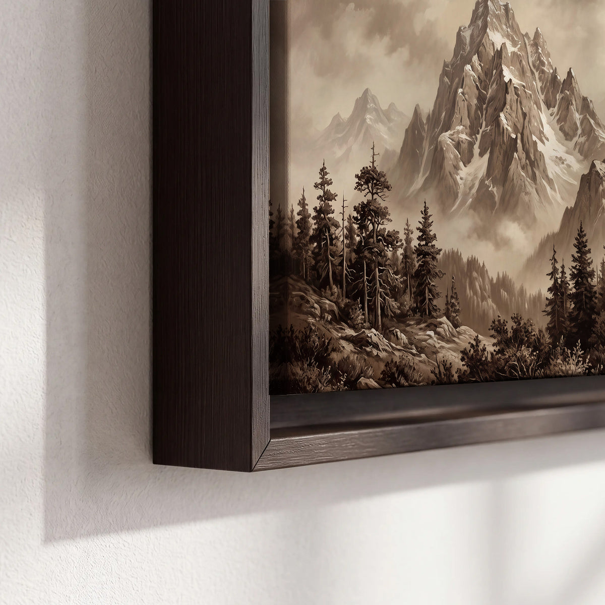 Dramatic mountain peaks framed by evergreen trees 3 piece framed canvas wall art material and edge close up