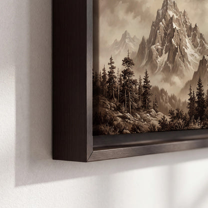 Dramatic mountain peaks framed by evergreen trees 3 piece framed canvas wall art material and edge close up