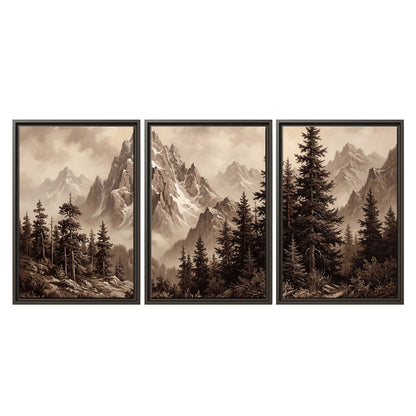Dramatic mountain peaks framed by evergreen trees 3 piece framed canvas wall art viewed straight on
