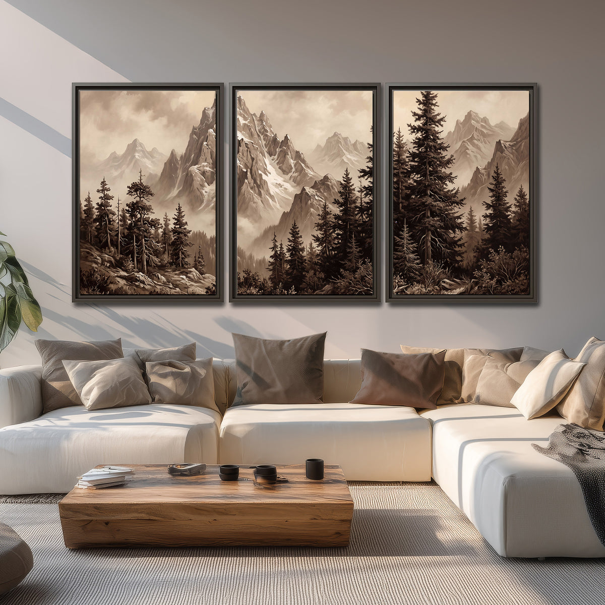 Dramatic mountain peaks framed by evergreen trees 3 piece framed canvas wall art displayed in a living room