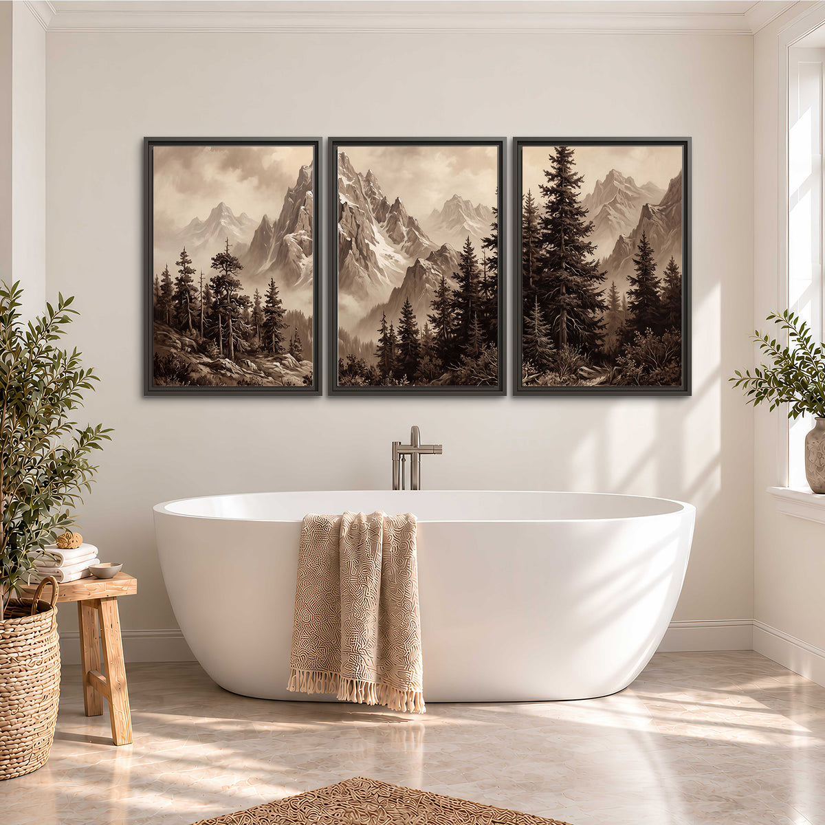 Dramatic mountain peaks framed by evergreen trees 3 piece framed canvas wall art styled in an interior