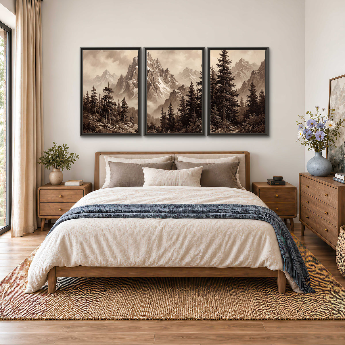 Dramatic mountain peaks framed by evergreen trees 3 piece framed canvas wall art styled in an interior