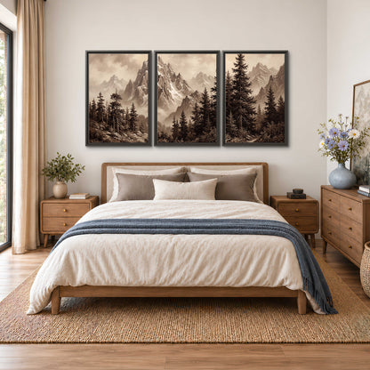 Dramatic mountain peaks framed by evergreen trees 3 piece framed canvas wall art styled in an interior