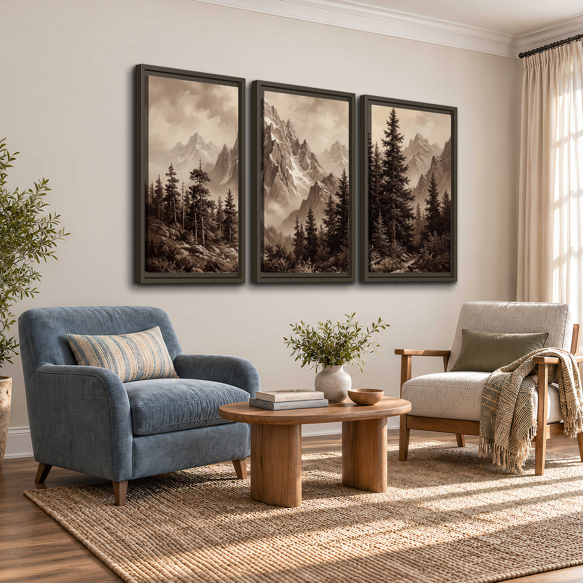 Dramatic mountain peaks framed by evergreen trees 3 piece framed canvas wall art styled in an interior