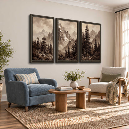 Dramatic mountain peaks framed by evergreen trees 3 piece framed canvas wall art styled in an interior