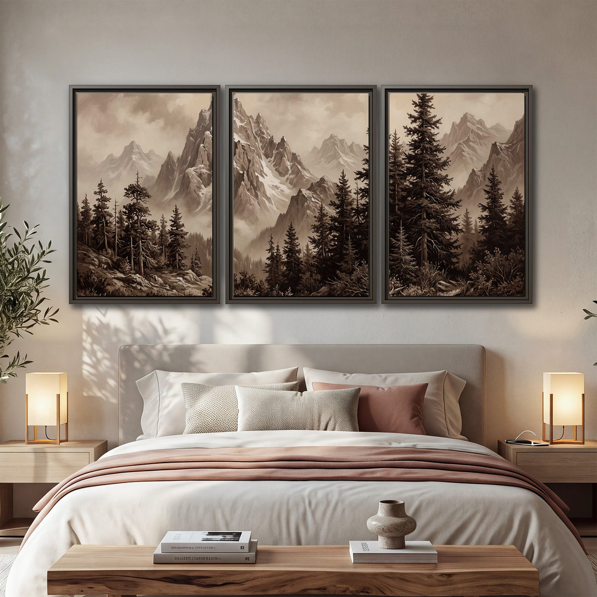 Dramatic mountain peaks framed by evergreen trees 3 piece framed canvas wall art displayed in a bedroom
