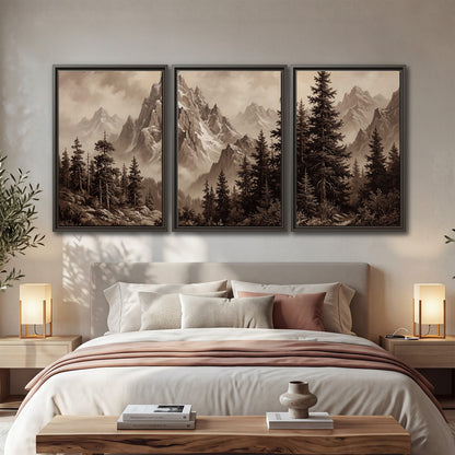 Dramatic mountain peaks framed by evergreen trees 3 piece framed canvas wall art displayed in a bedroom
