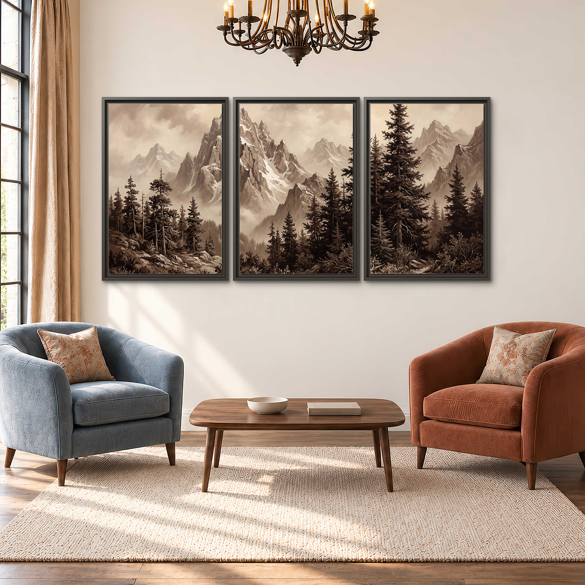 Dramatic mountain peaks framed by evergreen trees 3 piece framed canvas wall art styled in an interior