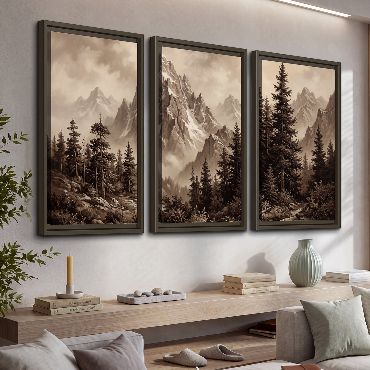 Dramatic mountain peaks framed by evergreen trees 3 piece framed canvas wall art displayed in a console