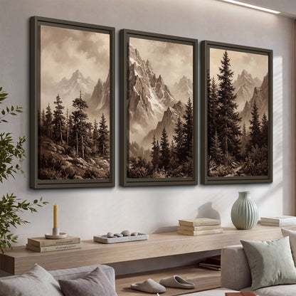 Dramatic mountain peaks framed by evergreen trees 3 piece framed canvas wall art displayed in a console
