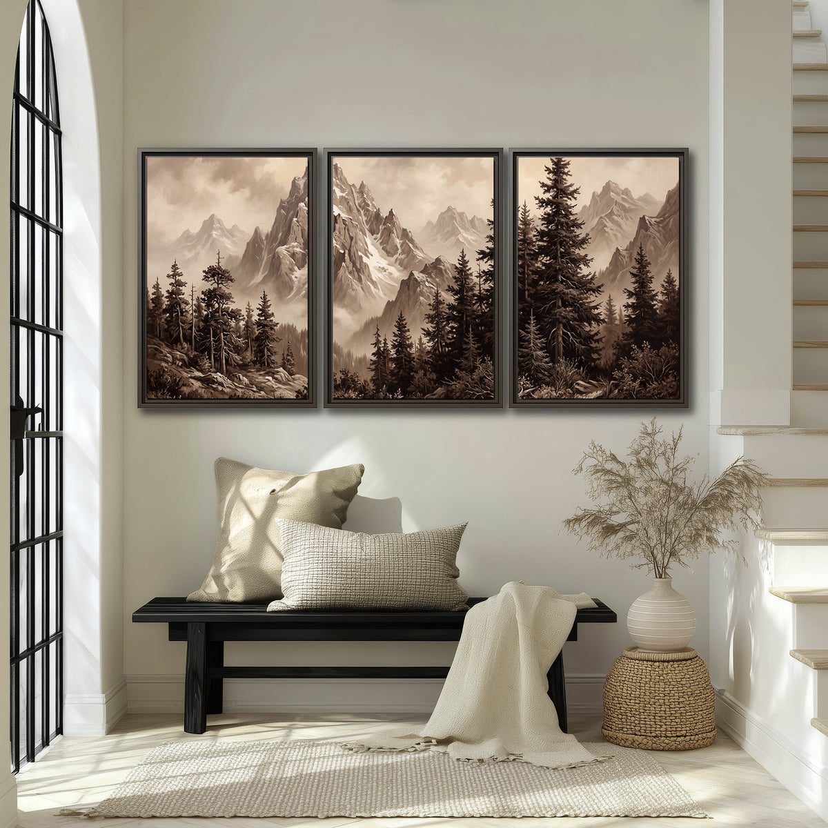 Dramatic mountain peaks framed by evergreen trees 3 piece framed canvas wall art displayed in a entryway