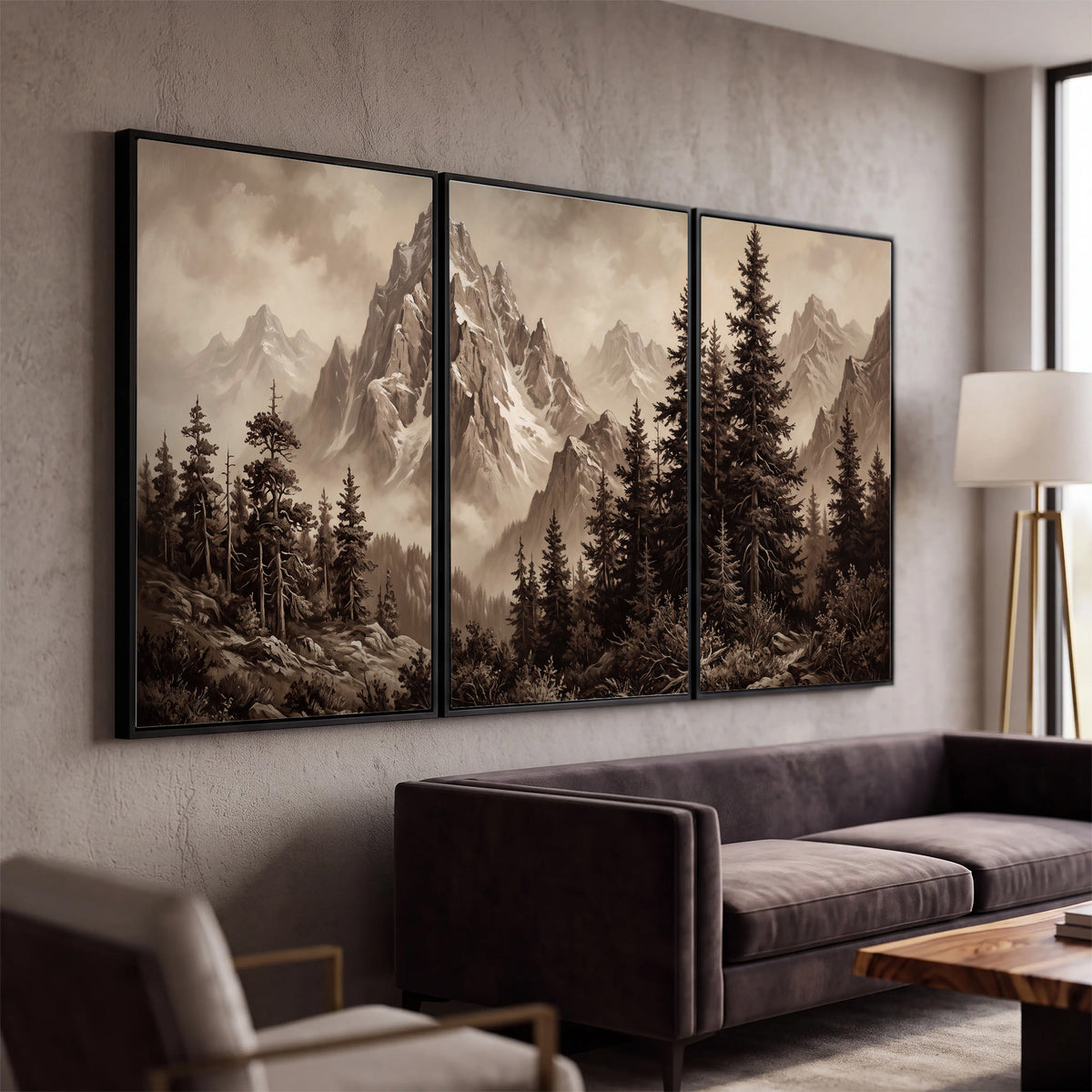 Dramatic mountain peaks framed by evergreen trees 3 piece framed canvas wall art displayed in a modern living room