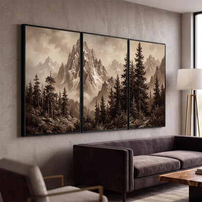 Dramatic mountain peaks framed by evergreen trees 3 piece framed canvas wall art displayed in a modern living room
