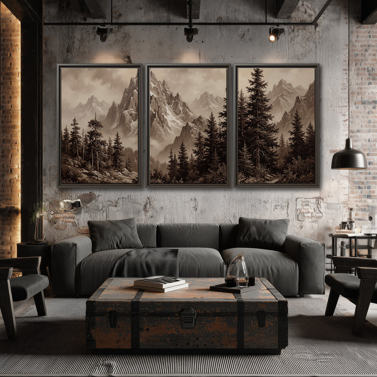 Dramatic mountain peaks framed by evergreen trees 3 piece framed canvas wall art displayed in a industrial room