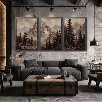 Dramatic mountain peaks framed by evergreen trees 3 piece framed canvas wall art displayed in a industrial room
