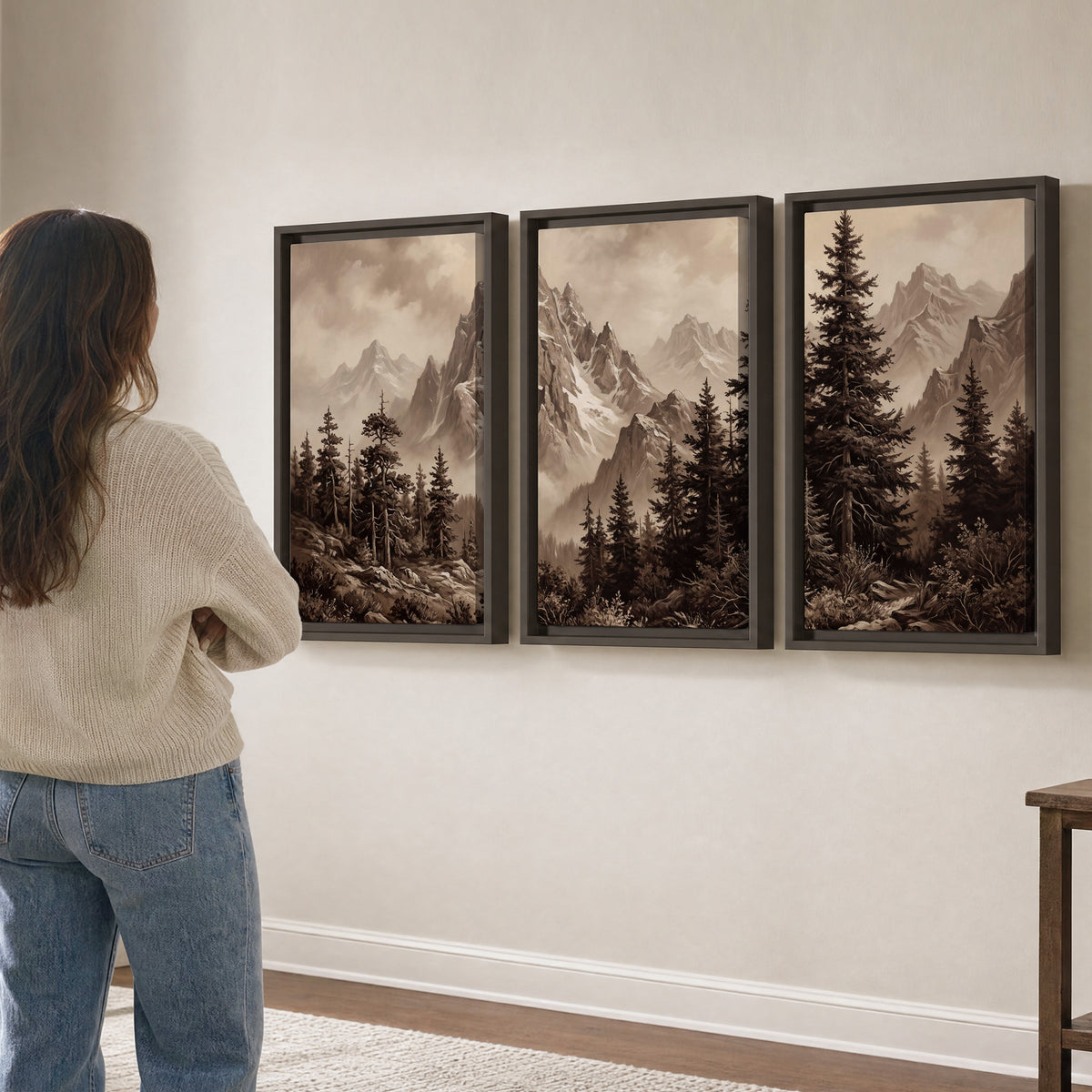 Dramatic mountain peaks framed by evergreen trees 3 piece framed canvas wall art three panel arrangement on a wall