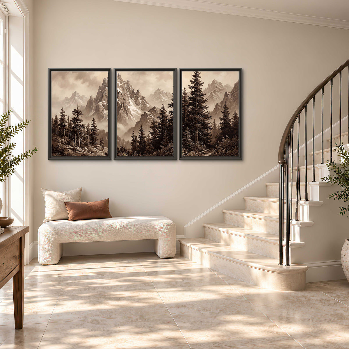 Dramatic mountain peaks framed by evergreen trees 3 piece framed canvas wall art styled in an interior