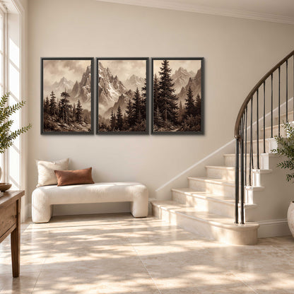 Dramatic mountain peaks framed by evergreen trees 3 piece framed canvas wall art styled in an interior