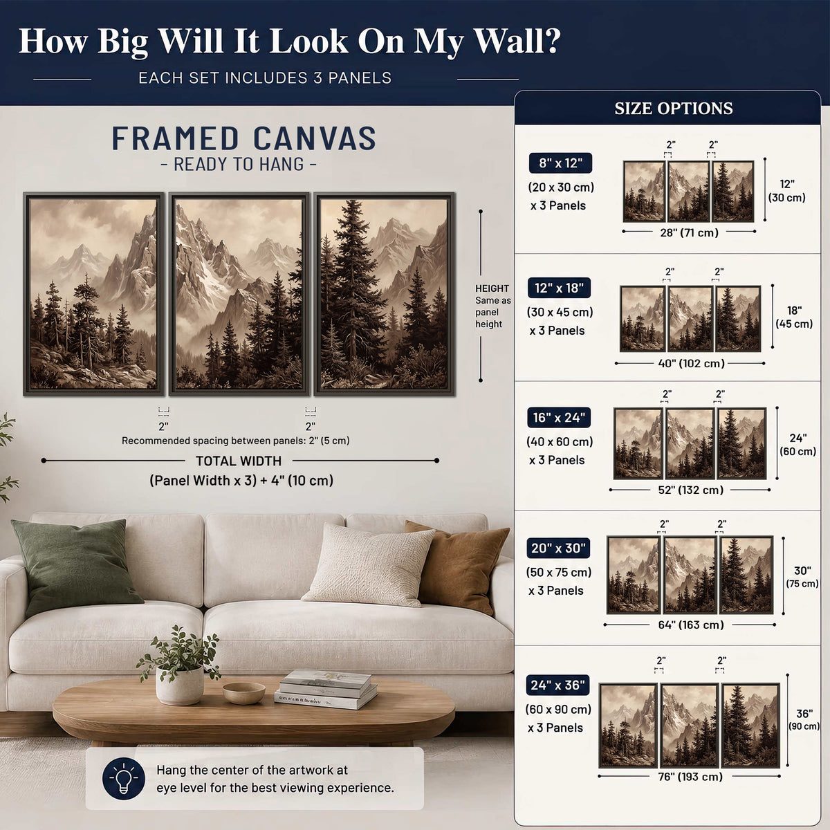 Dramatic mountain peaks framed by evergreen trees 3 piece framed canvas wall art size guide above a sofa; room view is illustrative