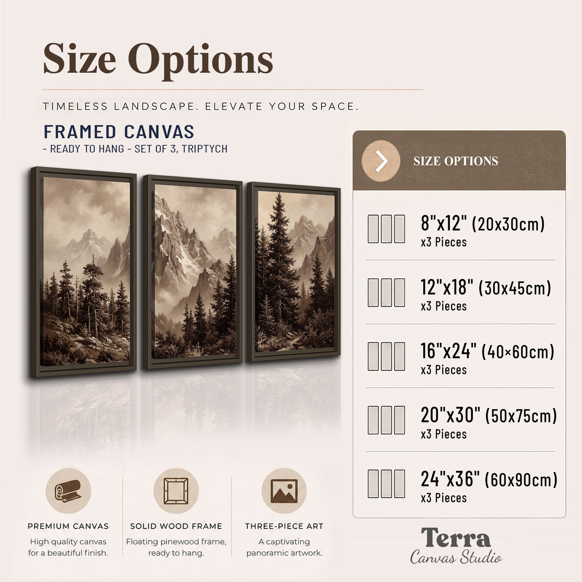 Dramatic mountain peaks framed by evergreen trees 3 piece framed canvas wall art available dimensions; triptych dimensions are per panel
