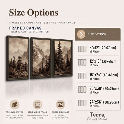 Dramatic mountain peaks framed by evergreen trees 3 piece framed canvas wall art available dimensions; triptych dimensions are per panel