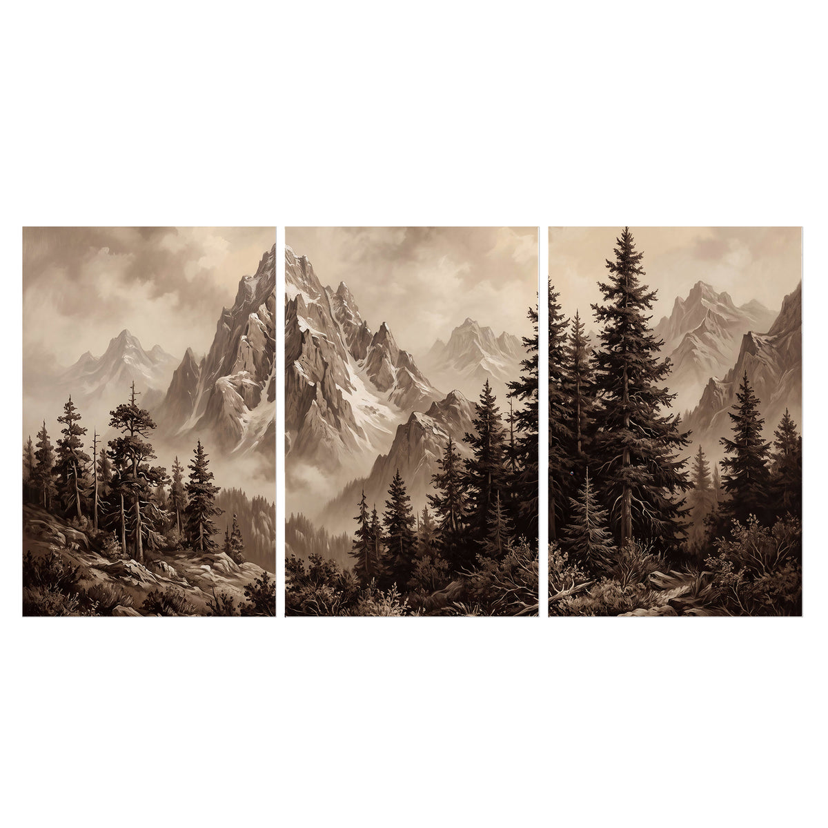 Dramatic mountain peaks framed by evergreen trees set of 3 poster prints viewed straight on