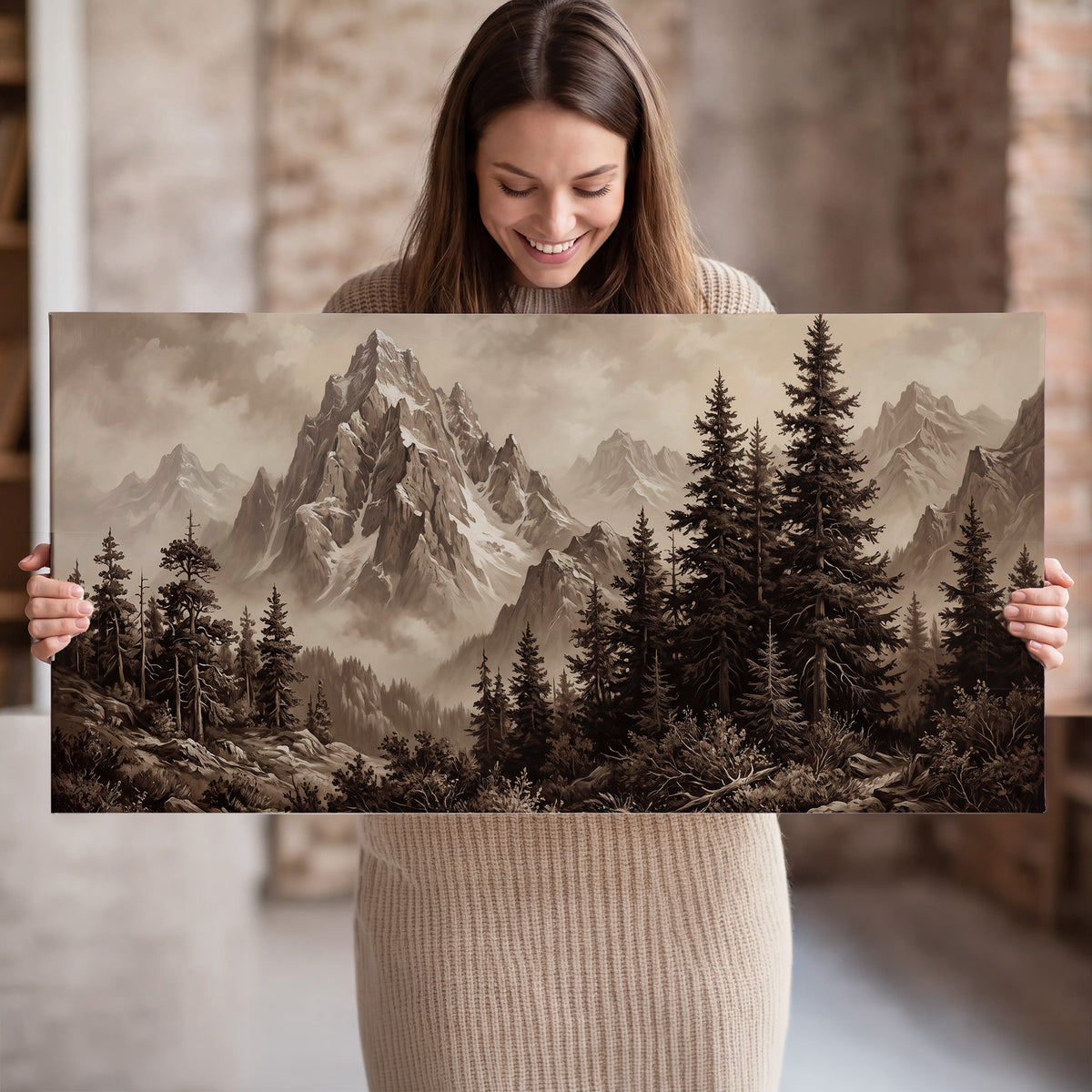 Dramatic mountain peaks framed by evergreen trees single canvas wall art held in hands