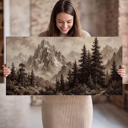 Dramatic mountain peaks framed by evergreen trees single canvas wall art held in hands