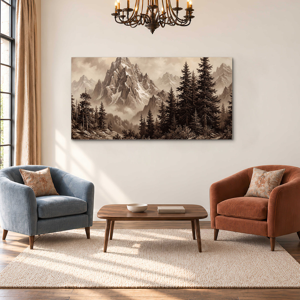 Dramatic mountain peaks framed by evergreen trees single canvas wall art styled in an interior
