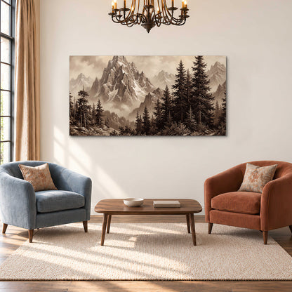 Dramatic mountain peaks framed by evergreen trees single canvas wall art styled in an interior
