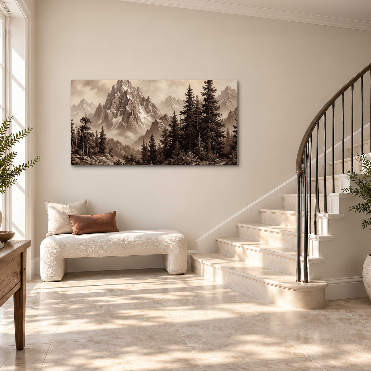 Dramatic mountain peaks framed by evergreen trees single canvas wall art styled in an interior